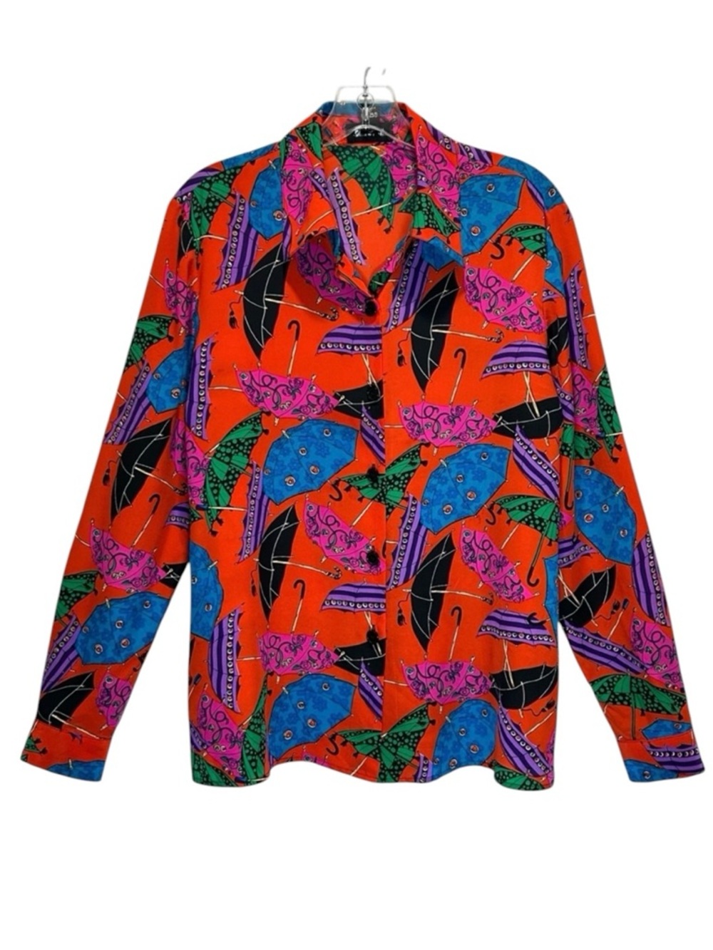 Shomi Silk Women’s Bright Red Blouse w/ Multicolored Umbrella Pattern - Size 10